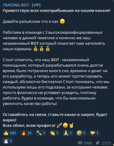 Описание деятельности канала TRADING BOT