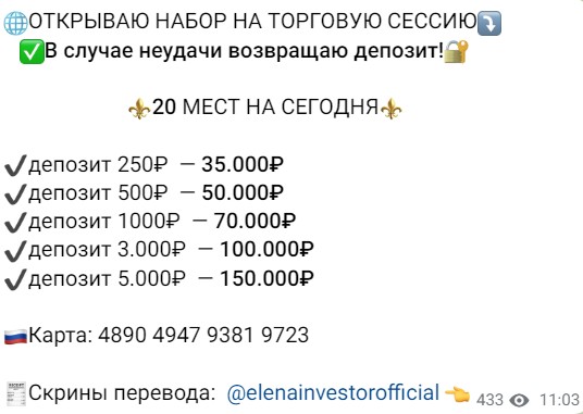 Условия инвестирования с Elenainvestorofficial