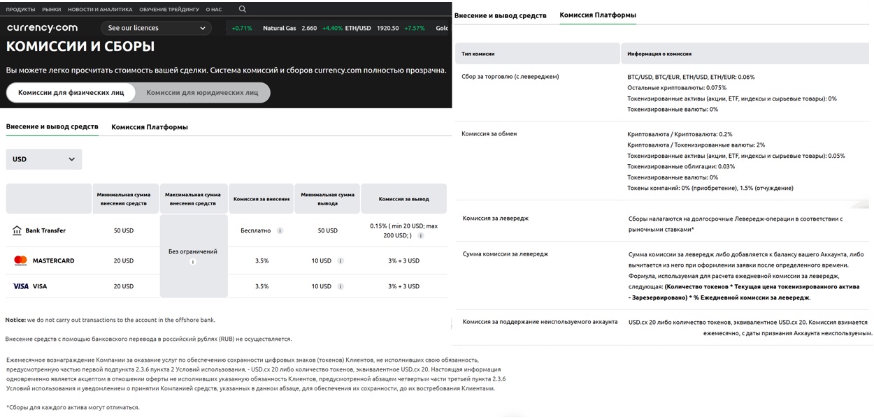 Комиссии и сборы Сurrency