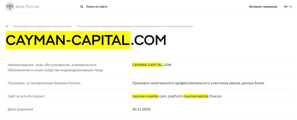 Cayman Capital в реестре цб рф